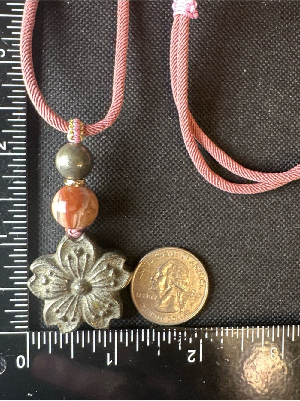 Pyrite Daisy Flower Pendant Necklace on Pink Adjustable Rope - Picture 14 of 15